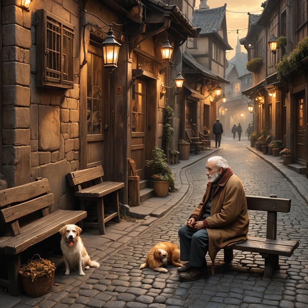Dreamlike Back Street Scene with Old Man and Dog