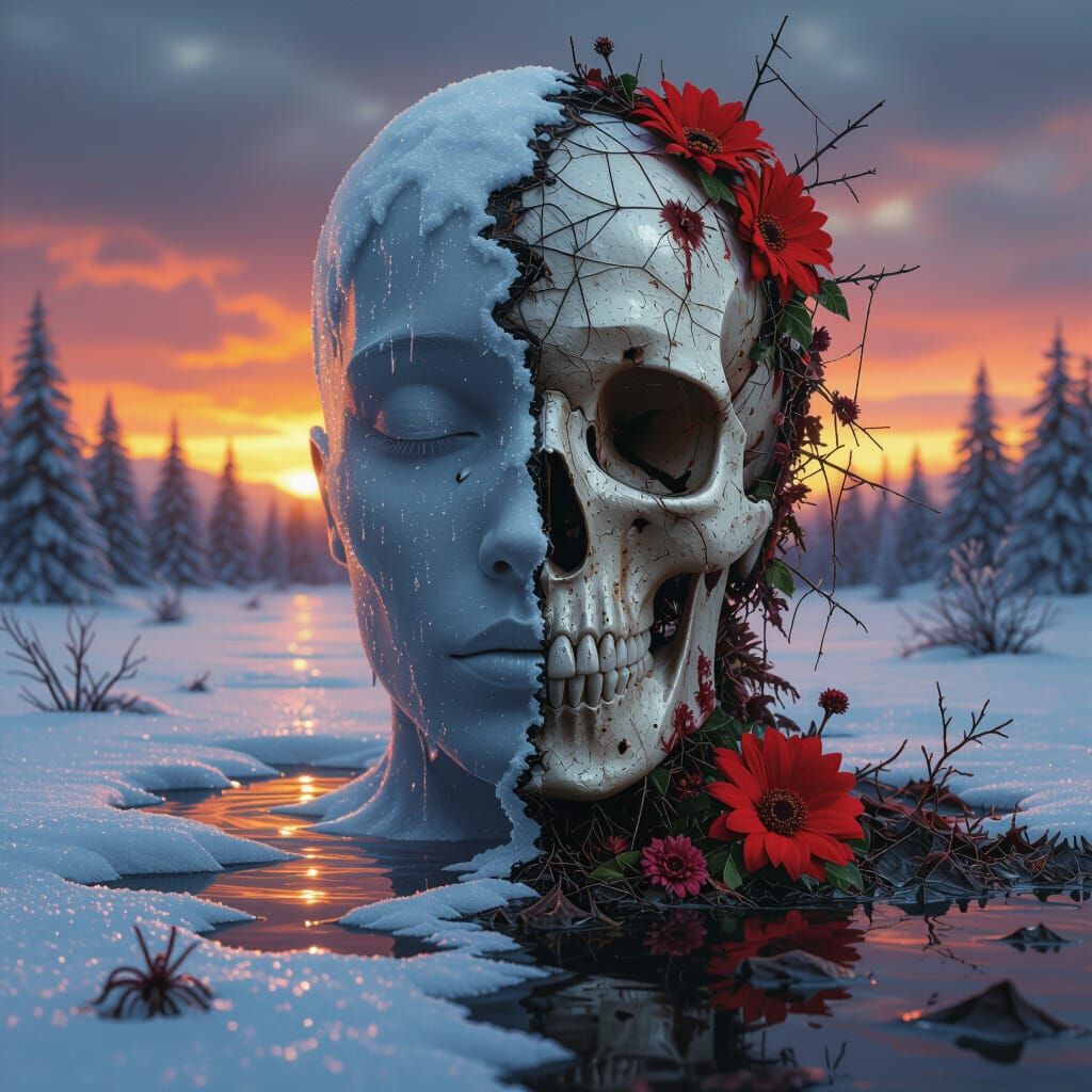 Surreal Winter Landscape Merged with Skull: Impasto Oil Art