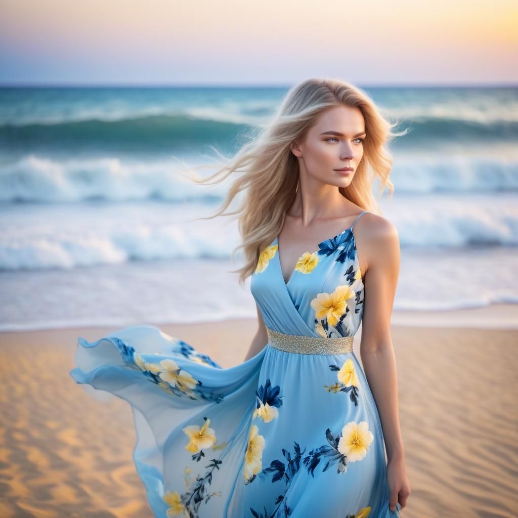 Woman in Floral Dress on Windy Beach