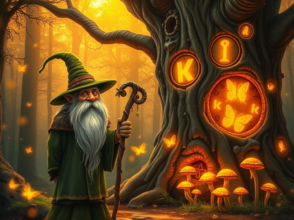 Enchanted Forest Scene with Goblin Wizard, Fairytale Illustr...
