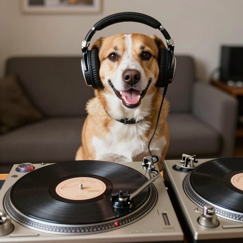 DJ Dog with Headphones Spins Records on Turntables