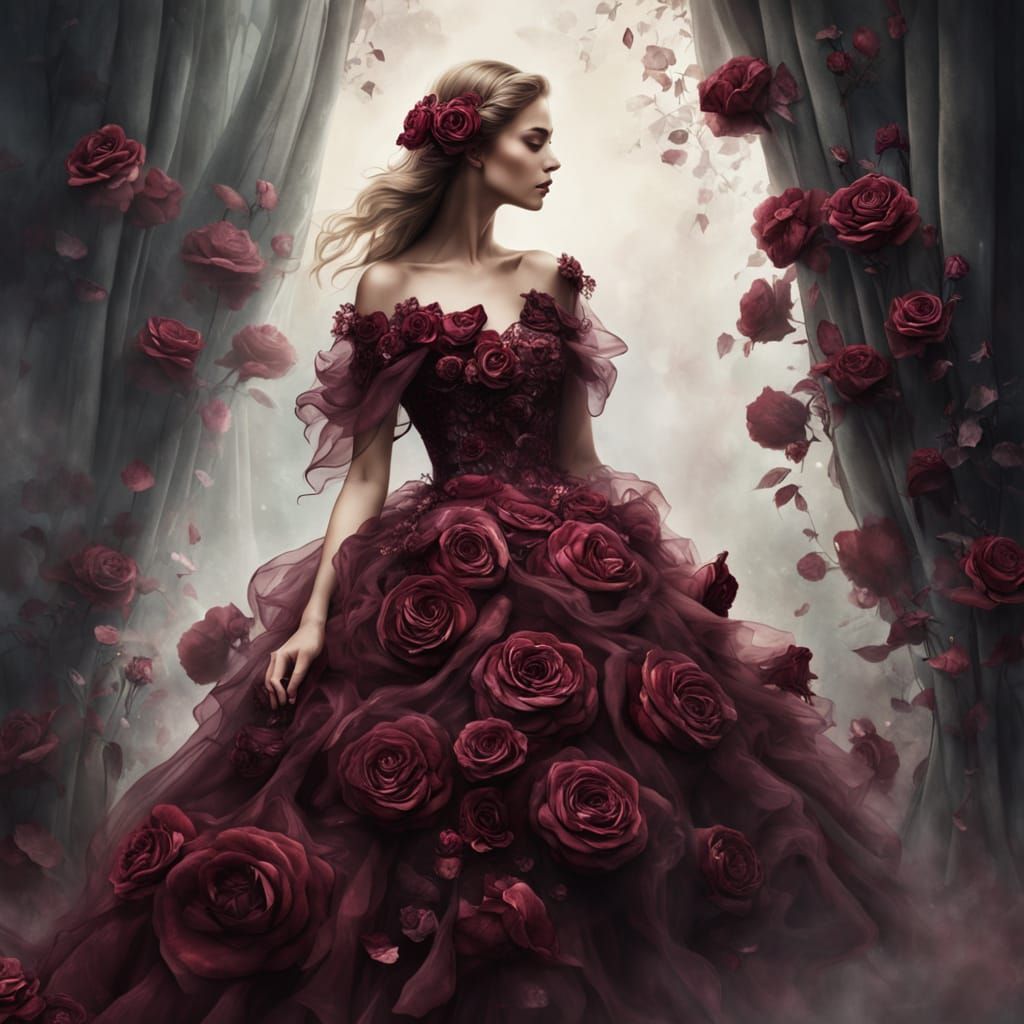 Whimsical and elegant women's dress poem, made of burgundy r...