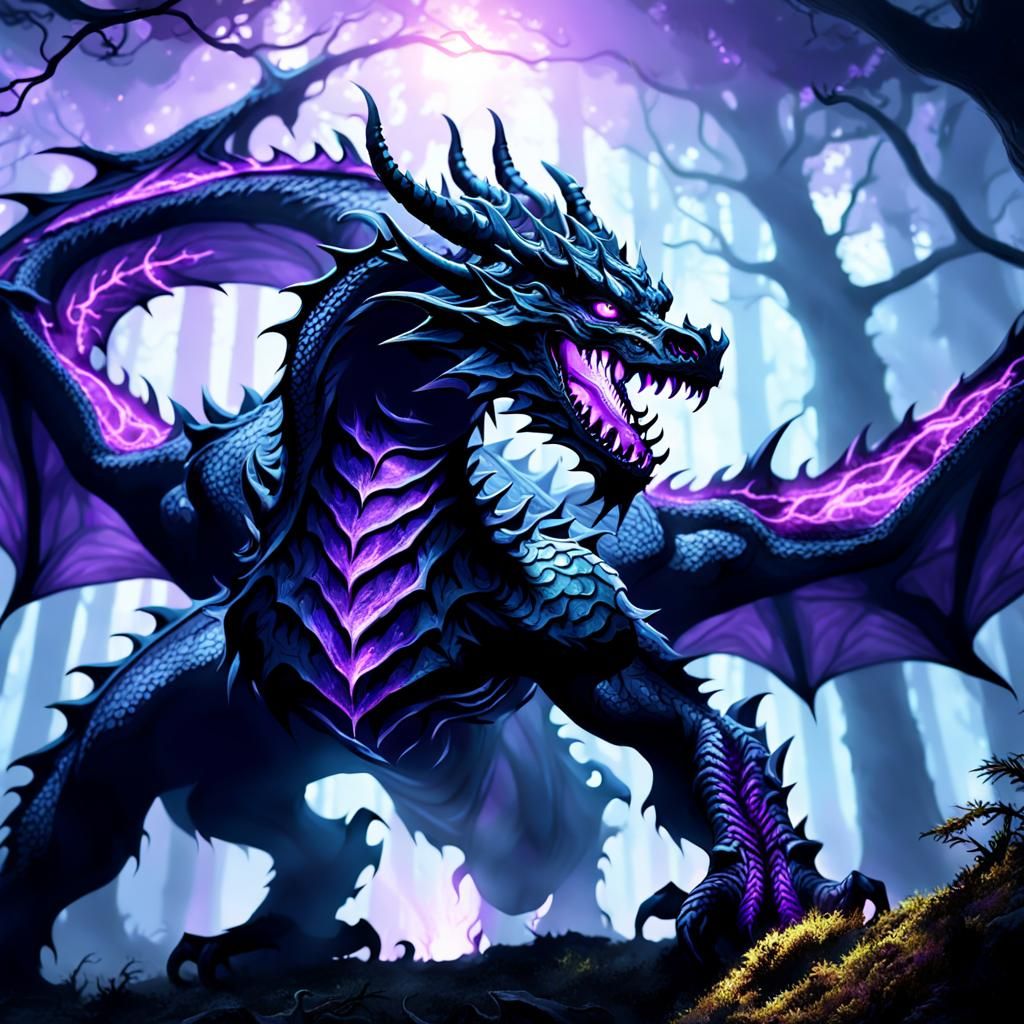 A fierce shadow black dragon with dark aura and breathing purple flames