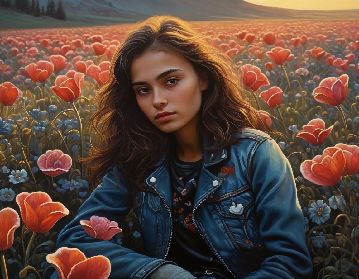 Heart Flower Field: Fantasy Realism Oil Painting