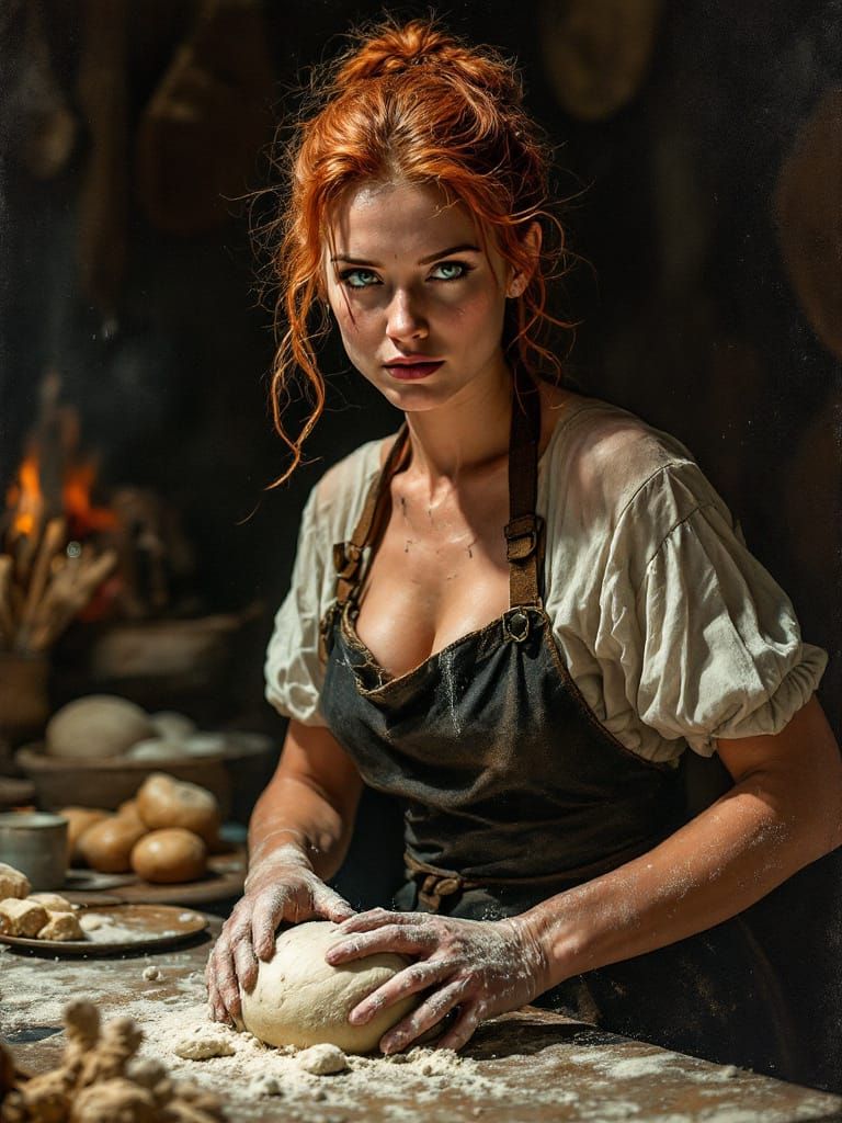 Redhead Baker Kneading Dough with Dramatic Lighting