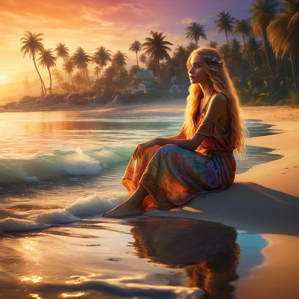 Fantasy Beach Sunset with Golden Light