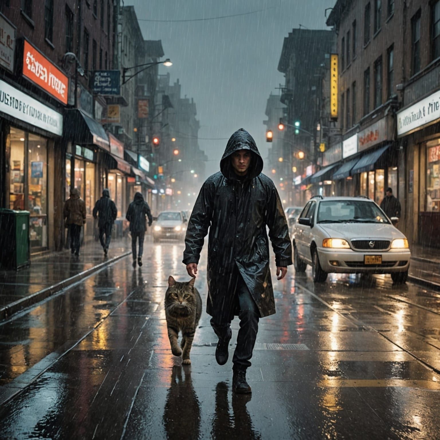 Mysterious Figure and Feline in Torrential Downpour at City ...