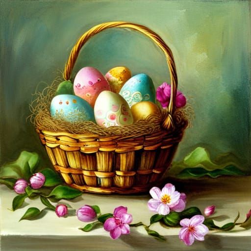 Decorated Easter Eggs in Flowery Basket