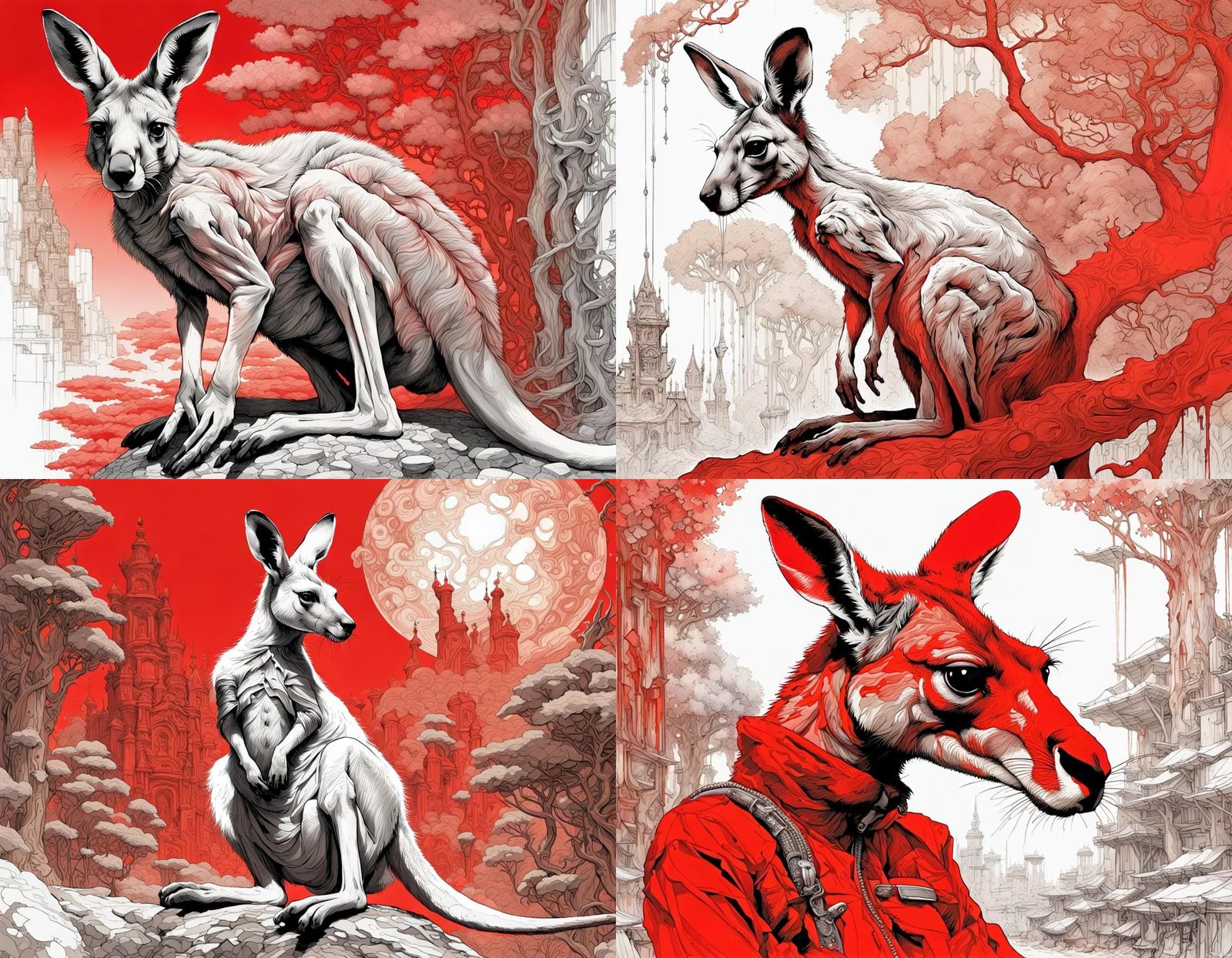 Monochrome Red Kangaroo Art with Striking Lineart