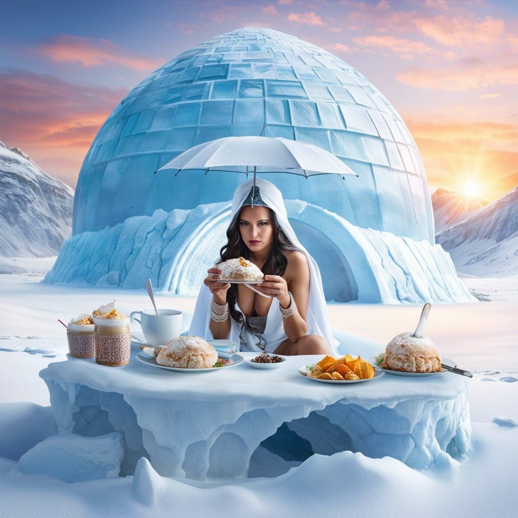 Omnipotent Zen Goddess Enjoys Frozen Dessert at Sunrise