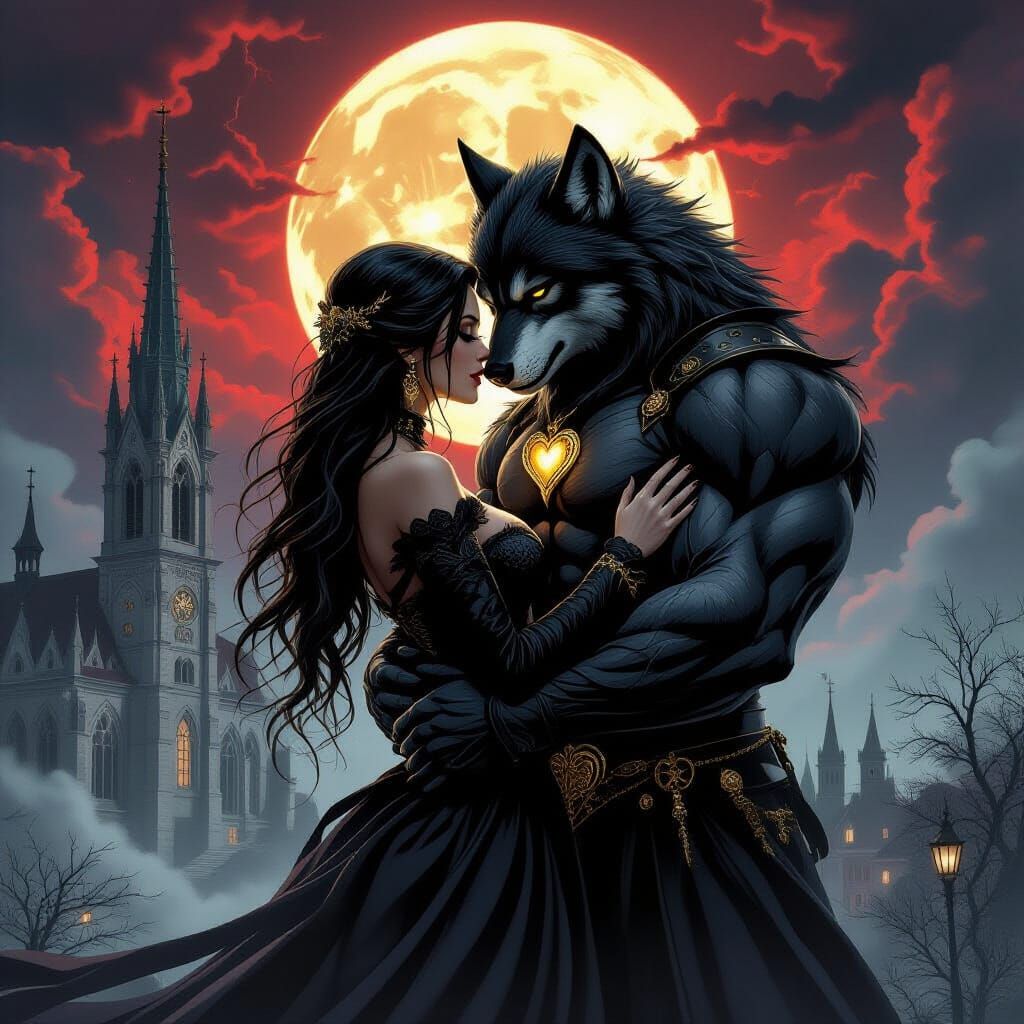 Gothic Embrace: Woman and Werewolf in Stormy Night