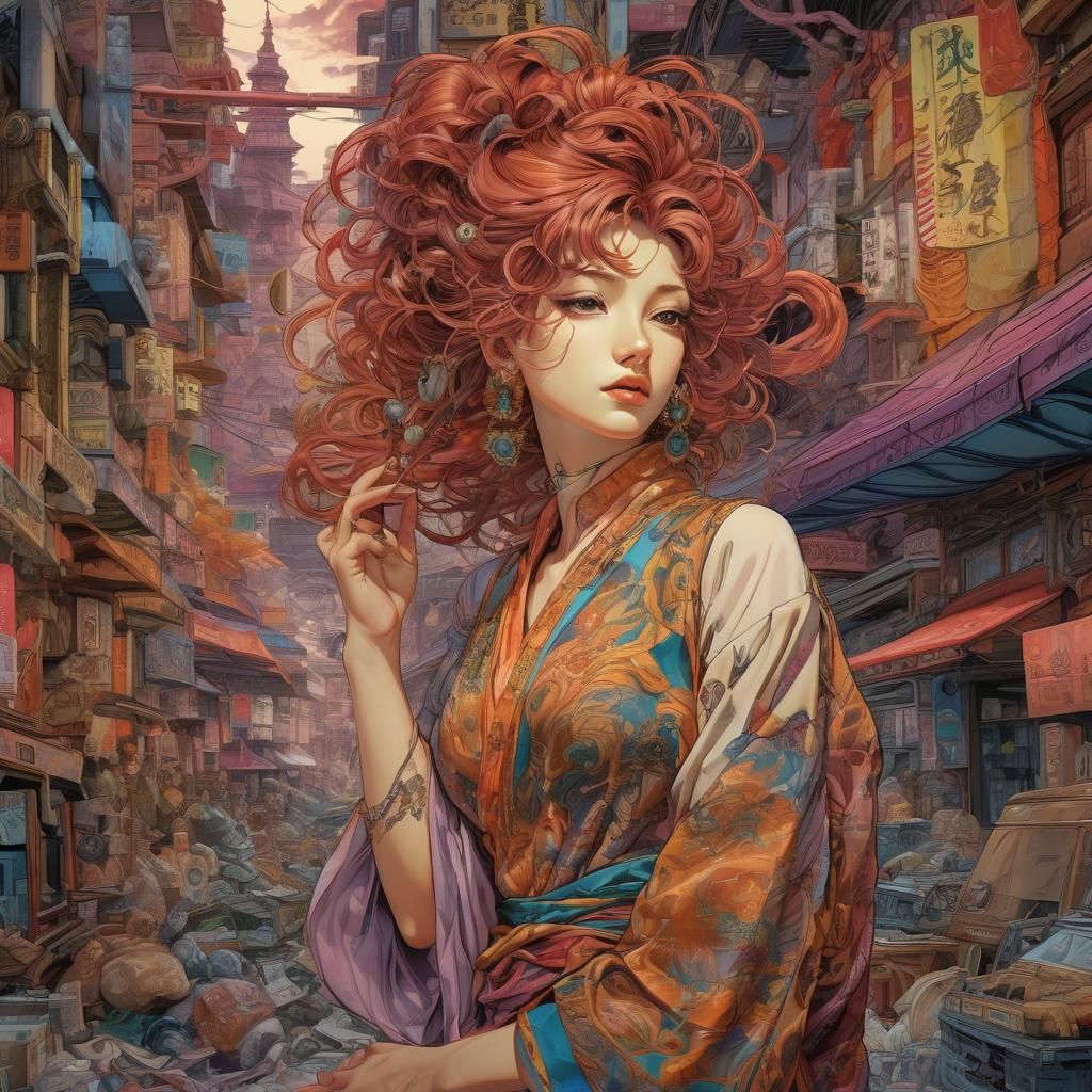 By (Hirohiko Araki:1.5) A hyperrealistic shot of a woman, hyperdetailed, (copic:1.3), hand-drawn, intricate details, (Al...