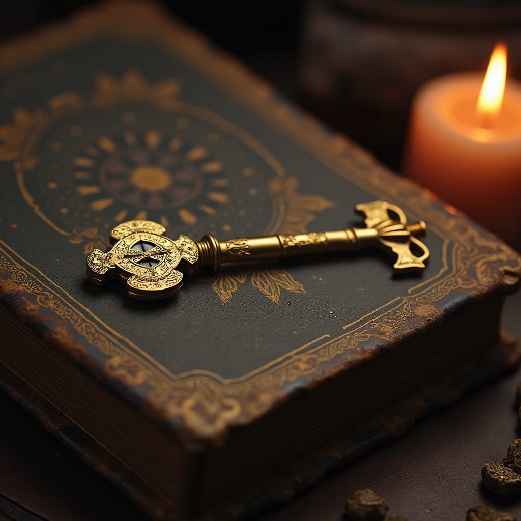Golden Key on Leather Book in Surreal Style