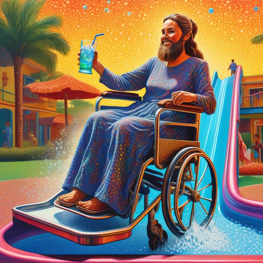 Pointillist Woman on Waterslide in Wheelchair