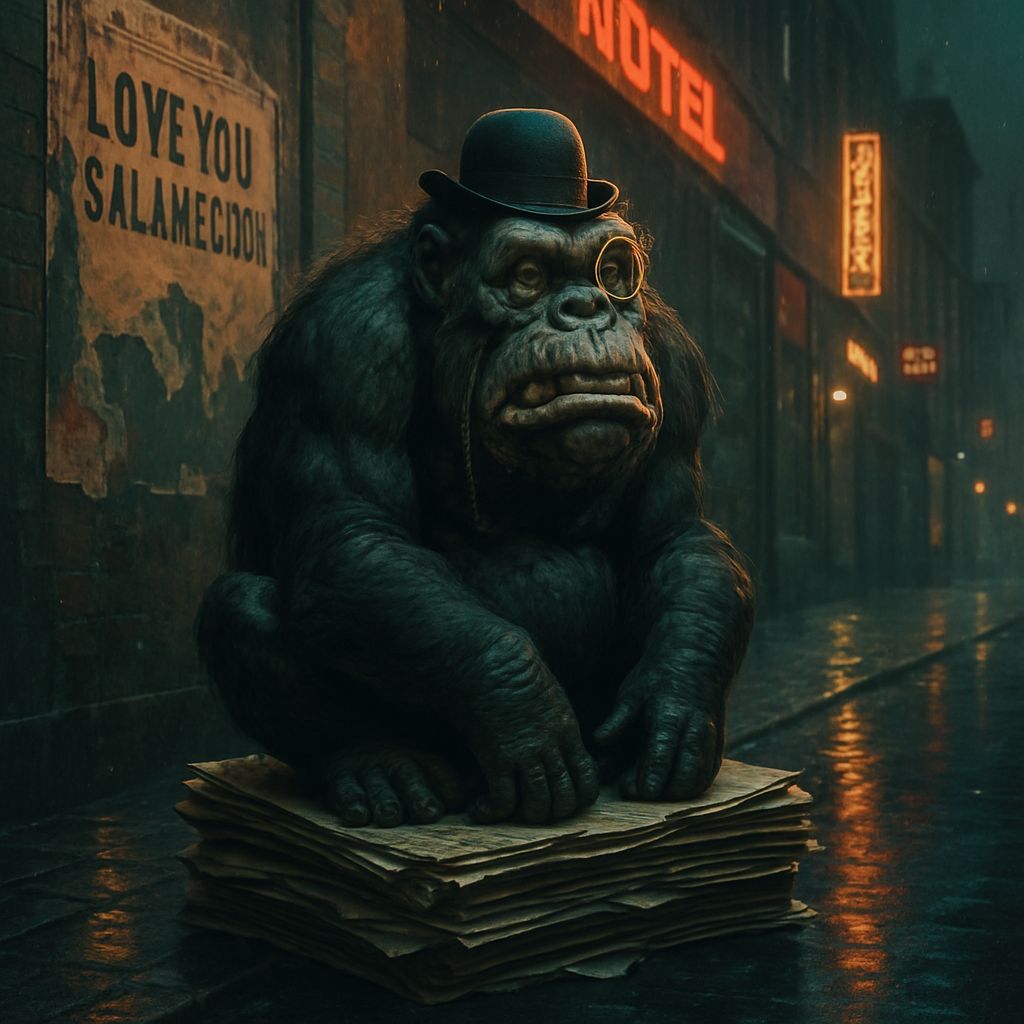 Dapper Gorilla in Neon Cityscape
