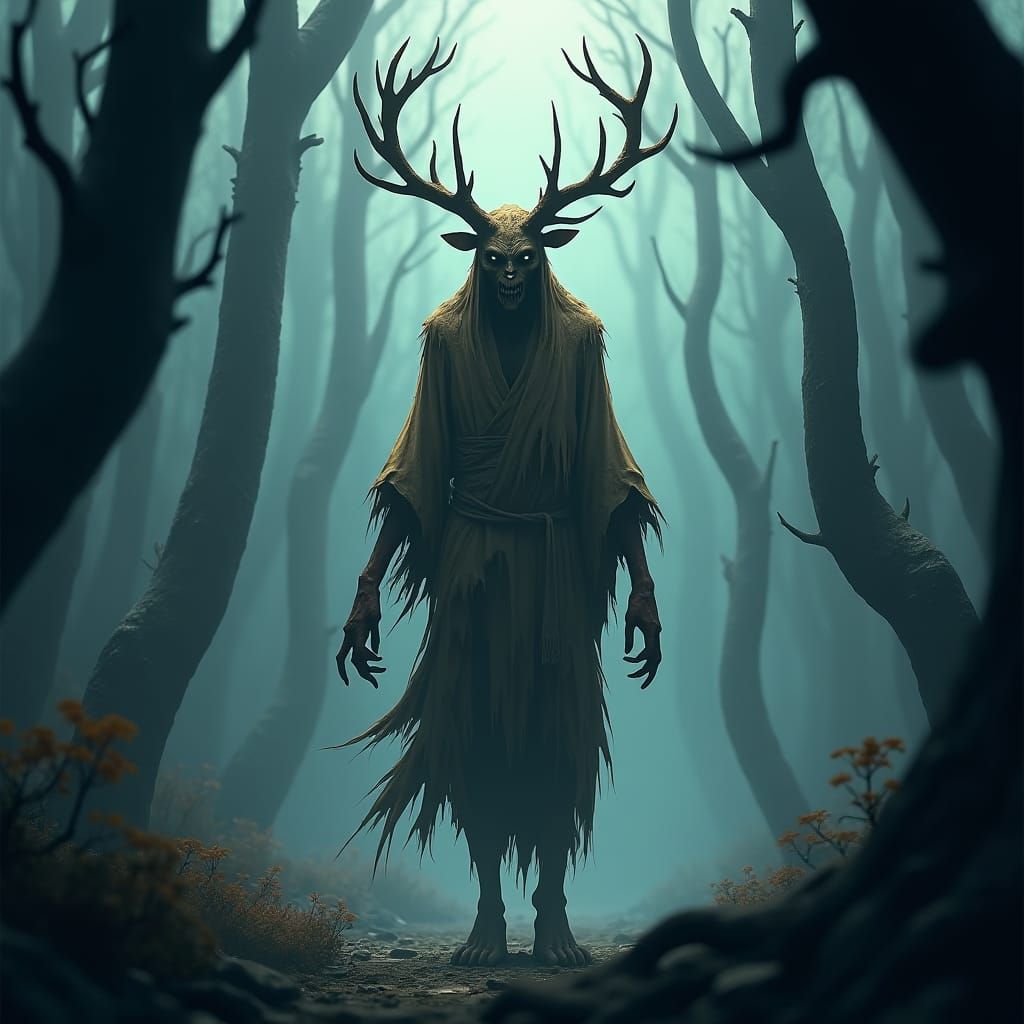 Eerie Wendigo in Mist-Shrouded Forest: 3D Anime Art