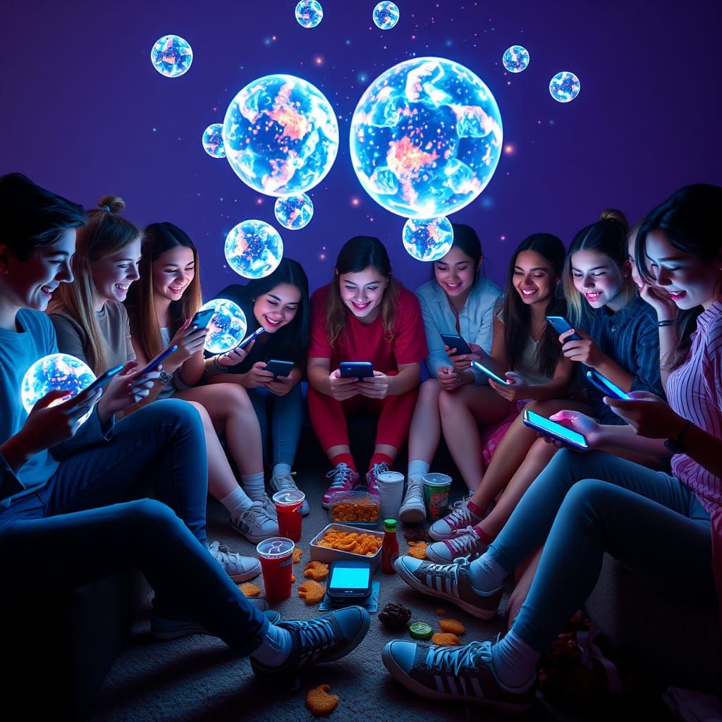 Teenagers Sharing AI Images in Hyperrealistic Style