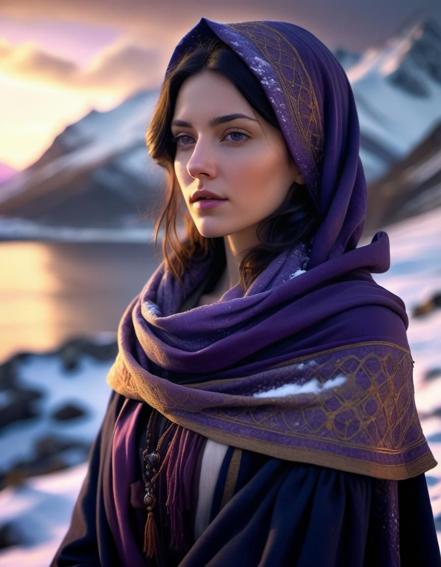 Woman in Purple Scarf at Snowy Sunset