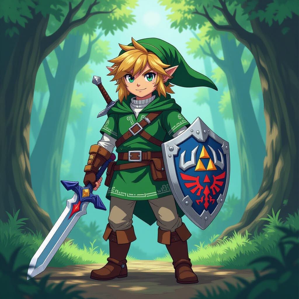 Link in Mystical Forest with Sword and Shield