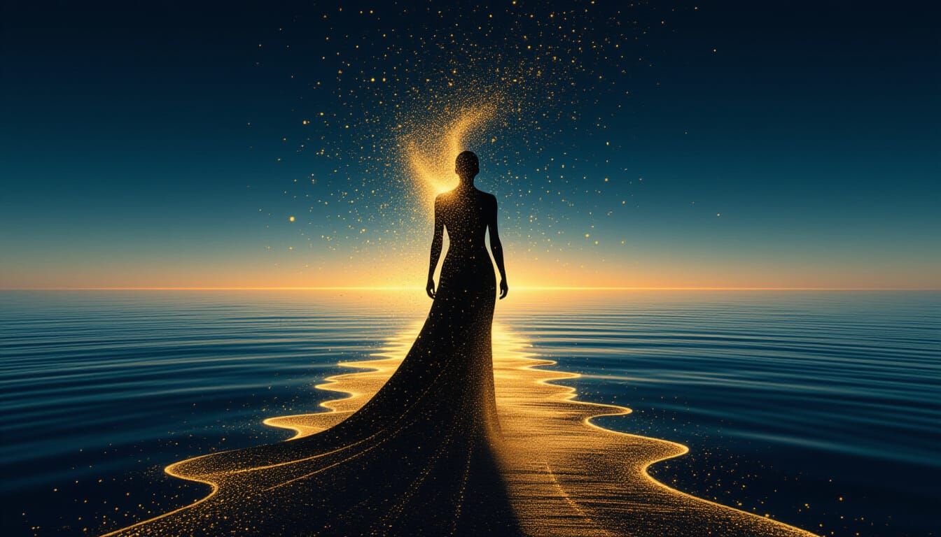 Human Silhouette Dissolving into Golden Pathways