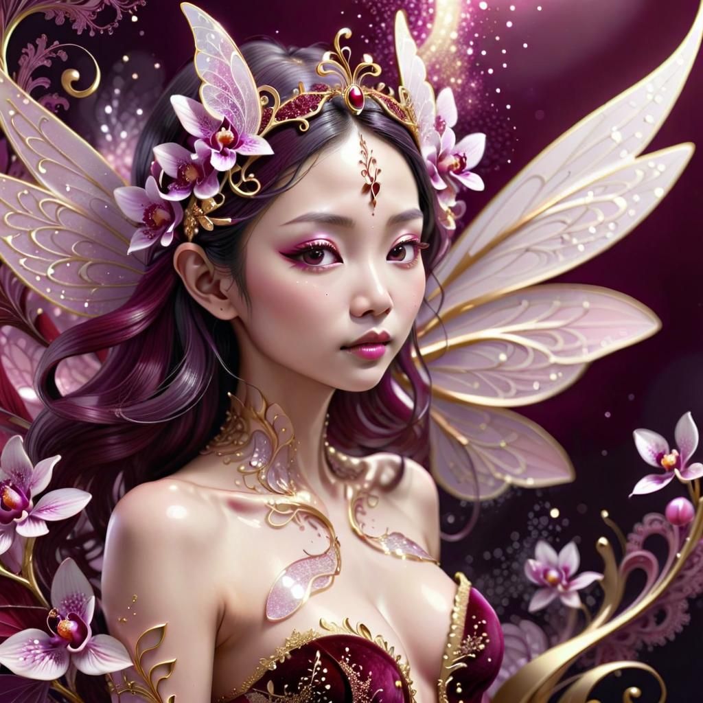 Red Velvet Fairy with Gold Wings in Fractal Art Style