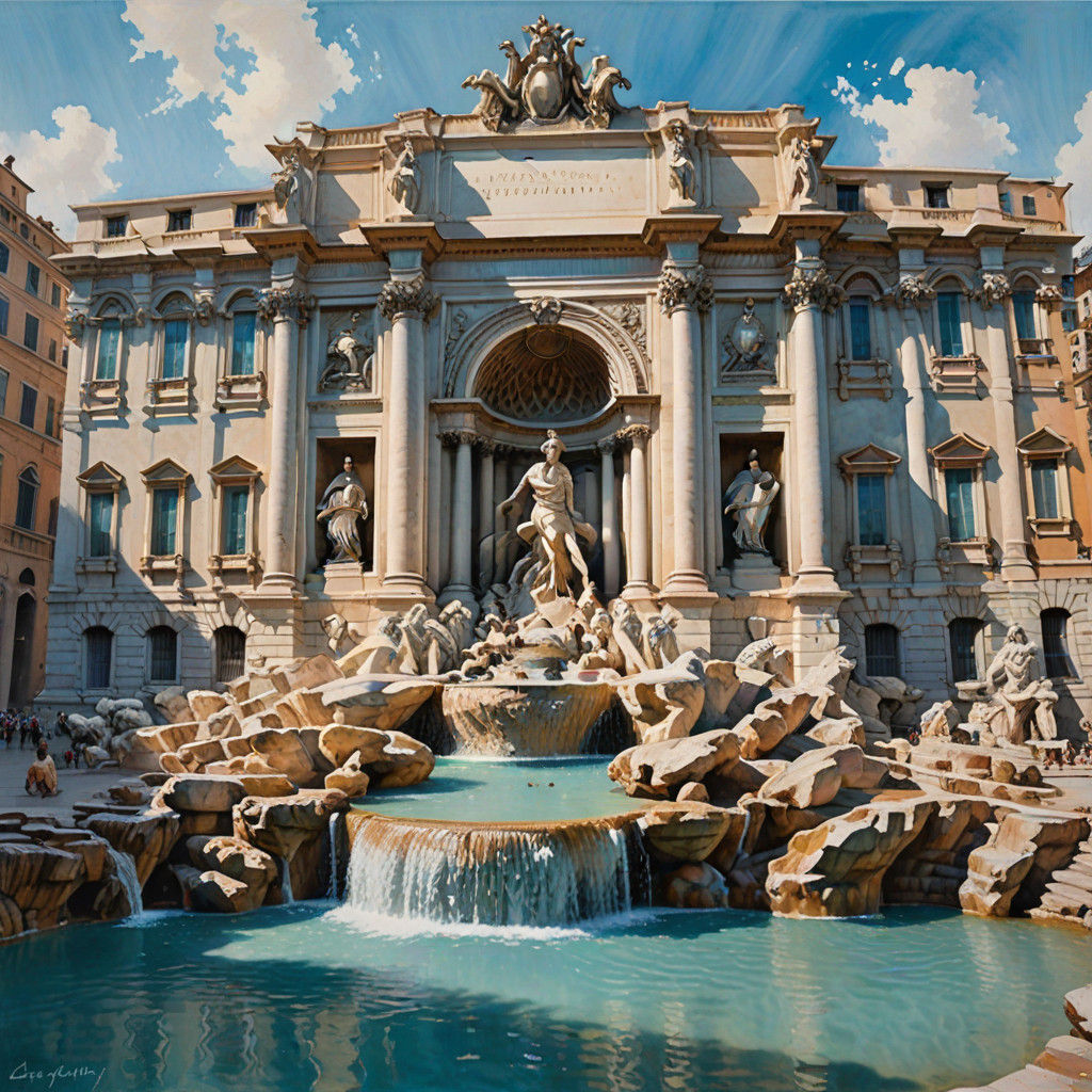 Elegant Watercolor Painting of Trevi Fountain in Baroque Arc...
