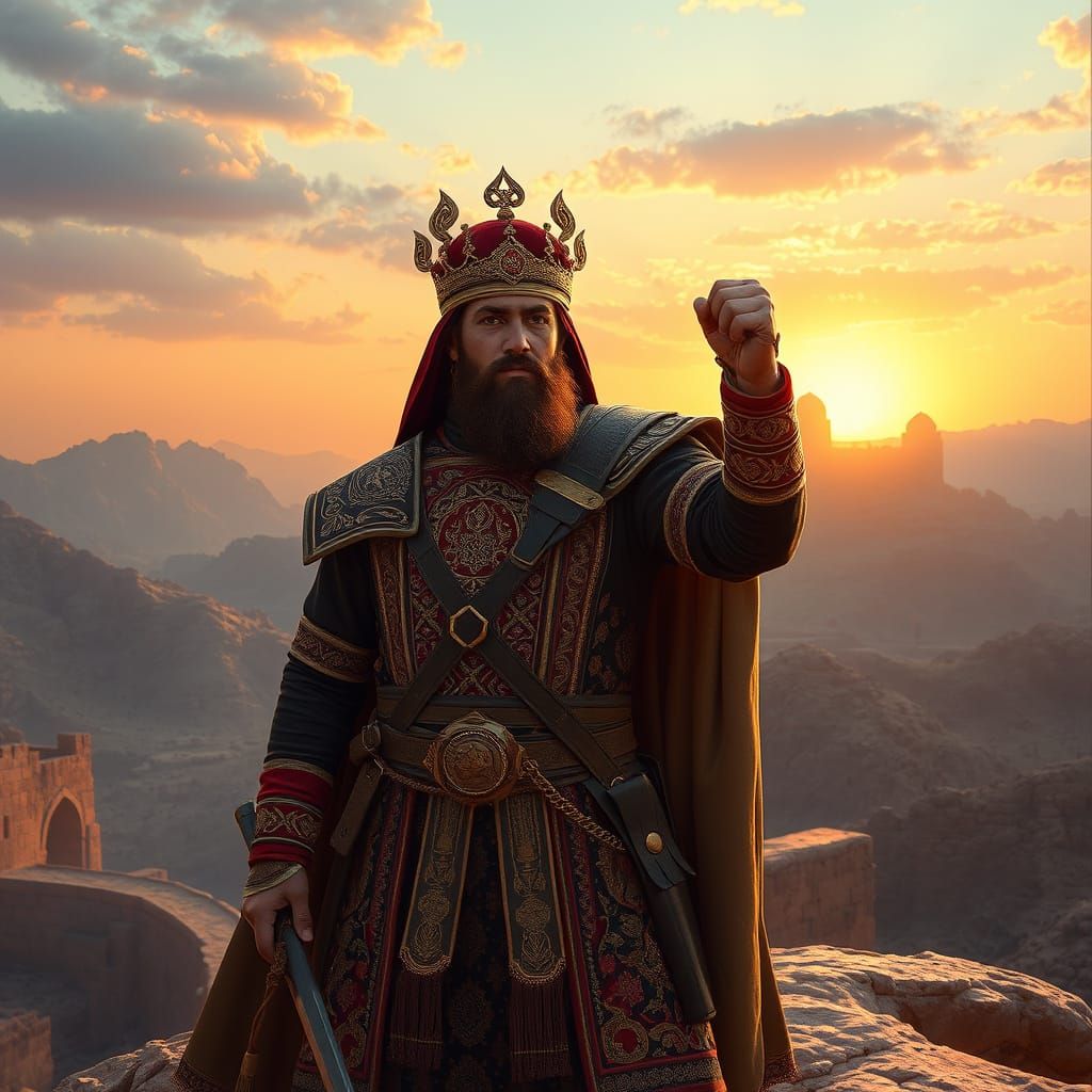 Regal Kurdish Warrior in Ancient Middle Eastern Fortress