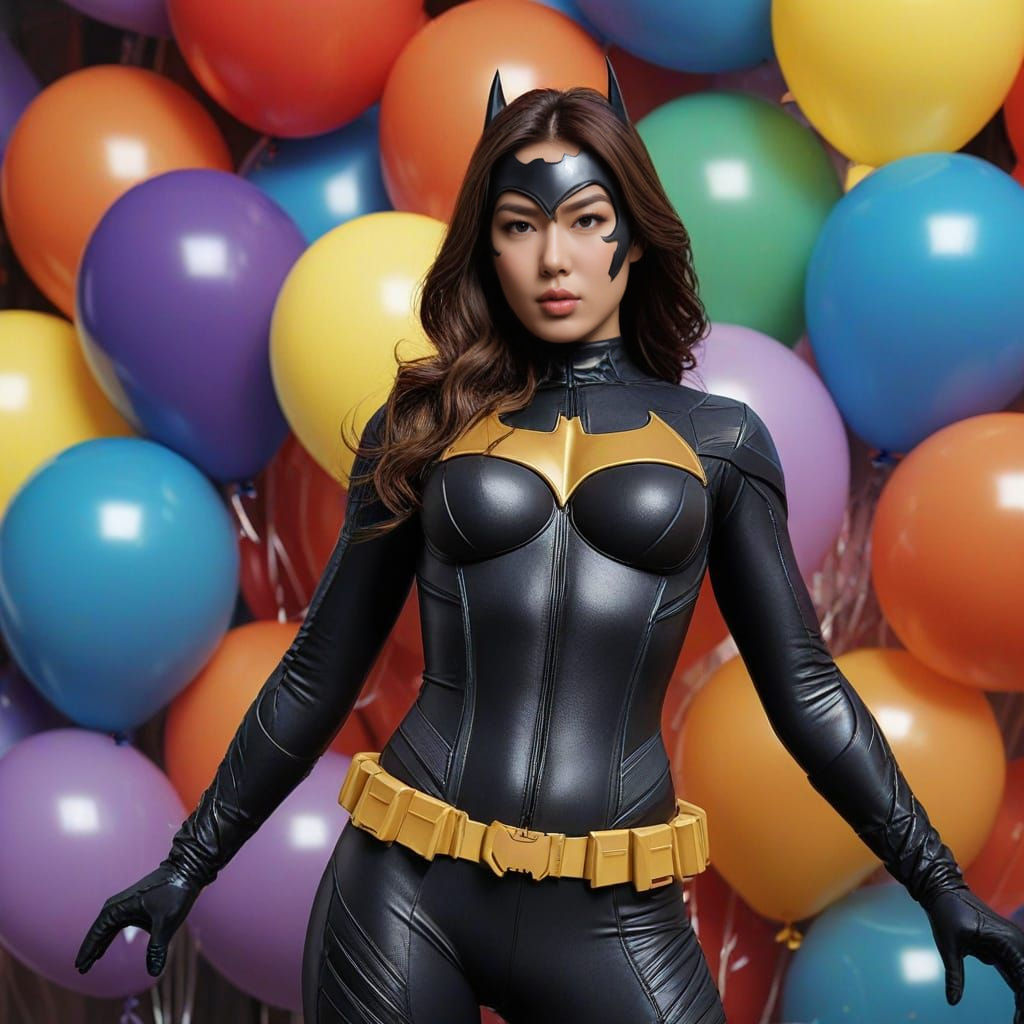 Korean Superheroine in Bat-Suit with Balloons
