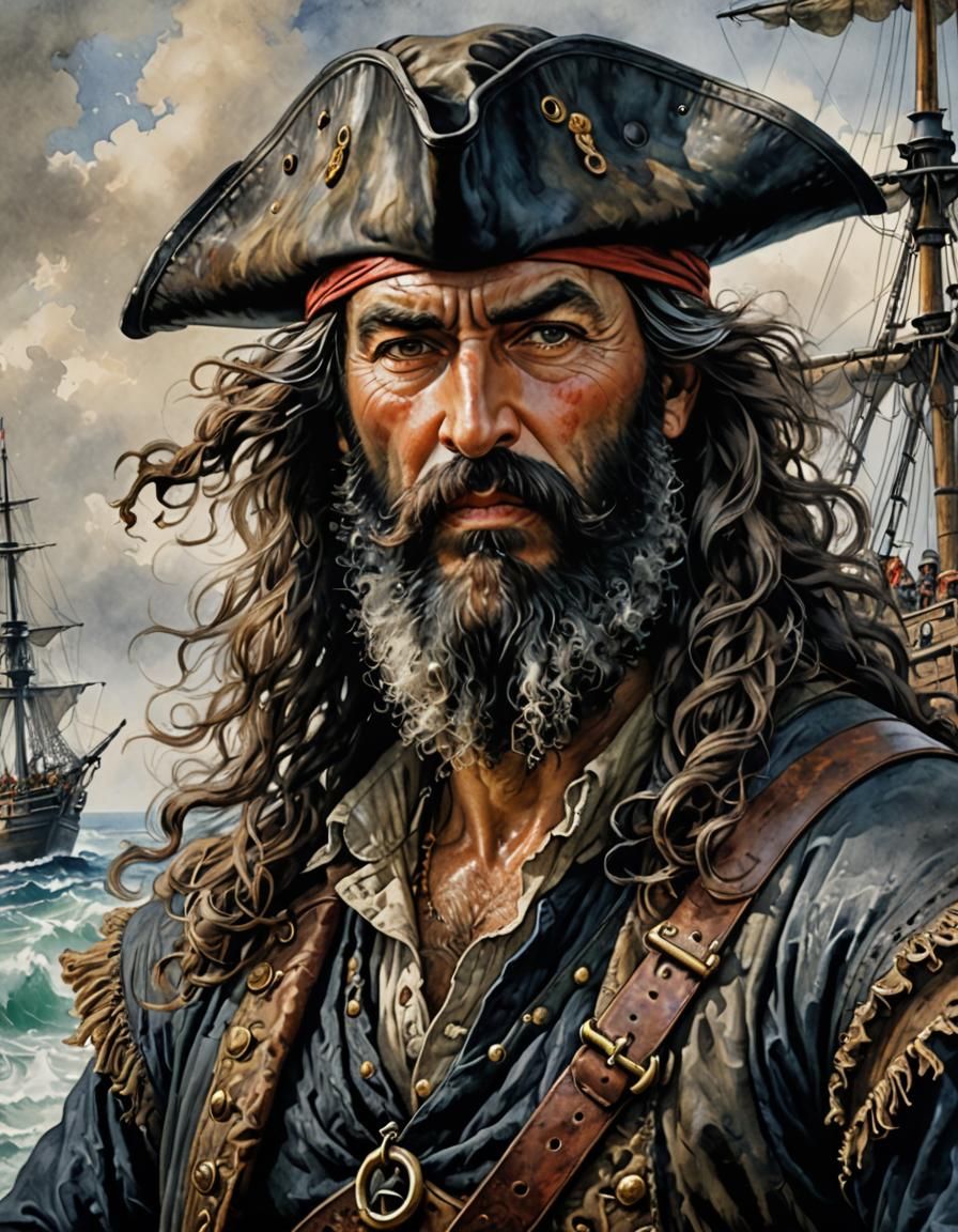 Hyperrealistic Portrait of Blackbeard in Watercolor Style