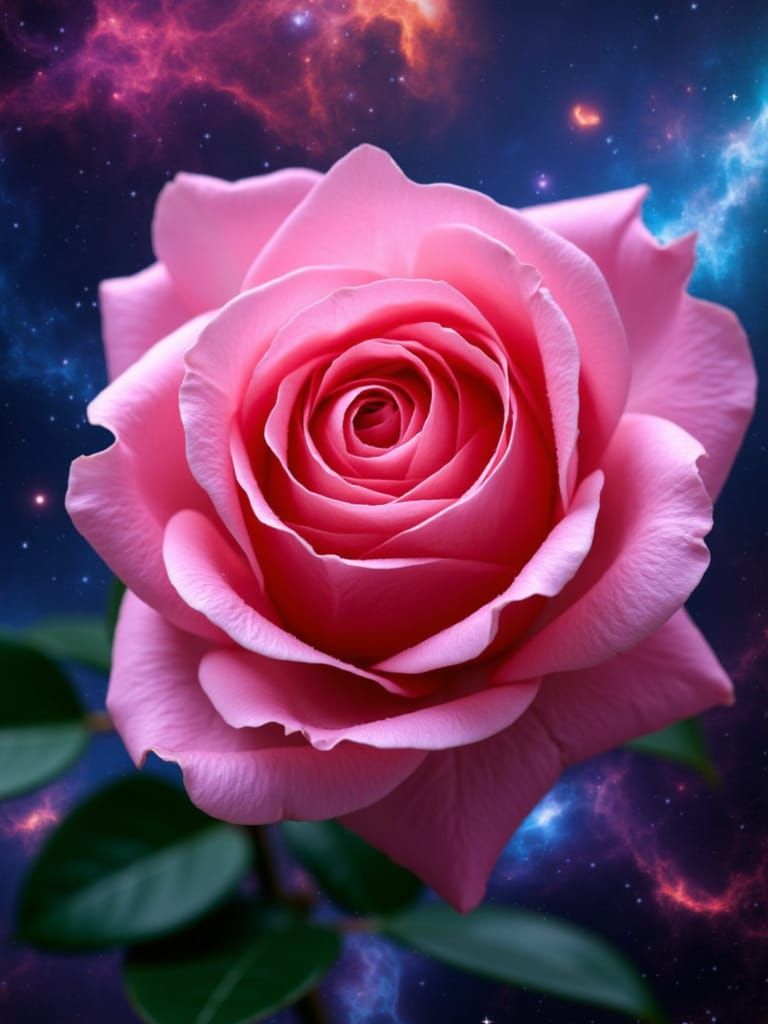 Cosmic Pink Rose Unfurling in Nebula, Precisionist Style