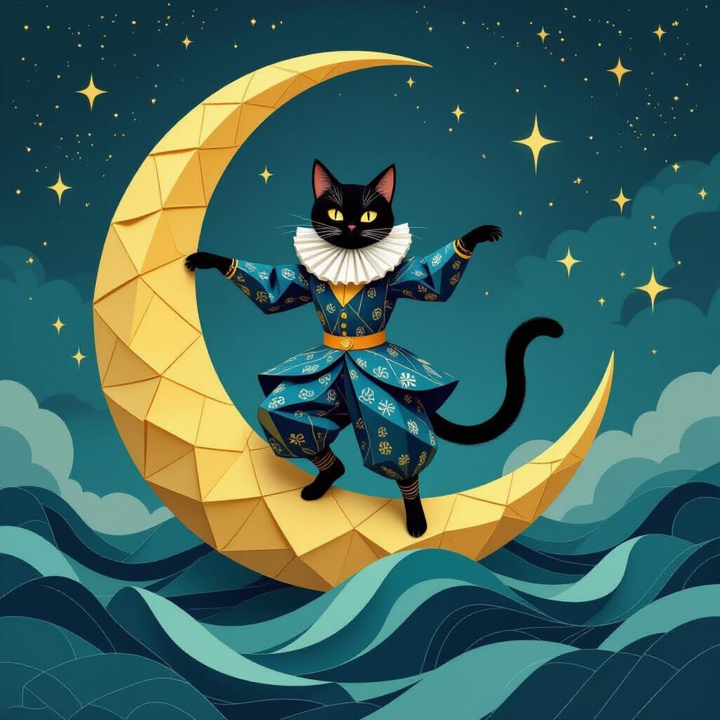 Celestial Cat Juggler on Crescent Moon