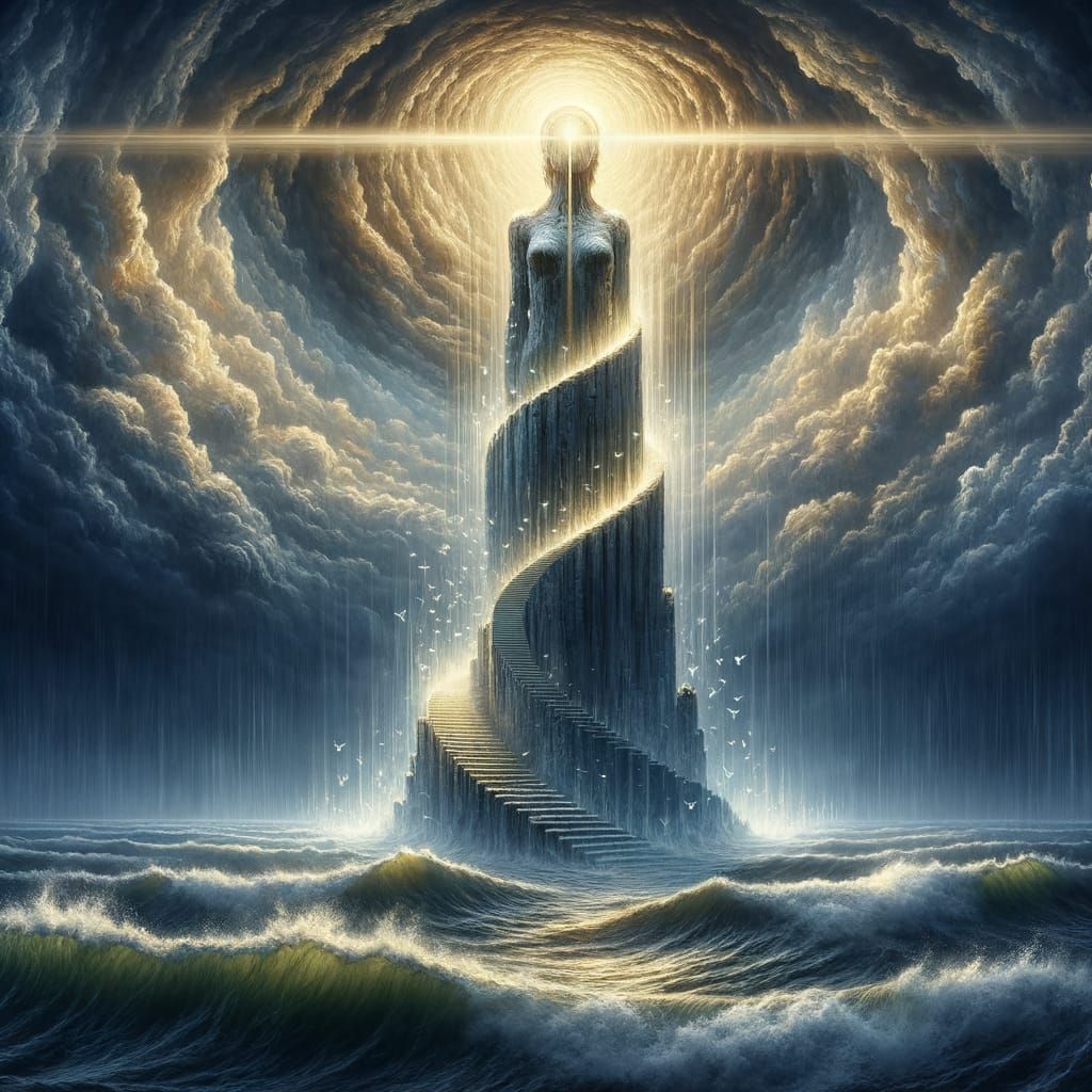 Colossal Stone Lighthouse Guiding Souls: Digital Painting
