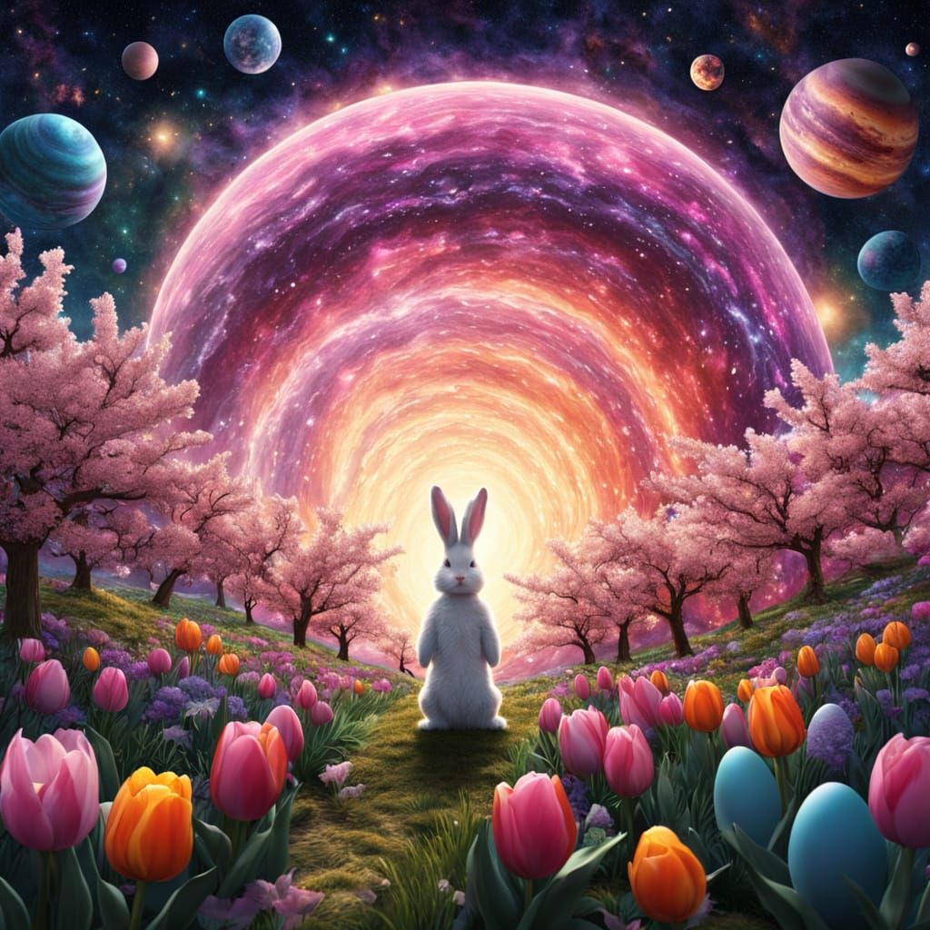 Cosmic Easter Bunny Soars Through Nebulae on a Bioluminescen...