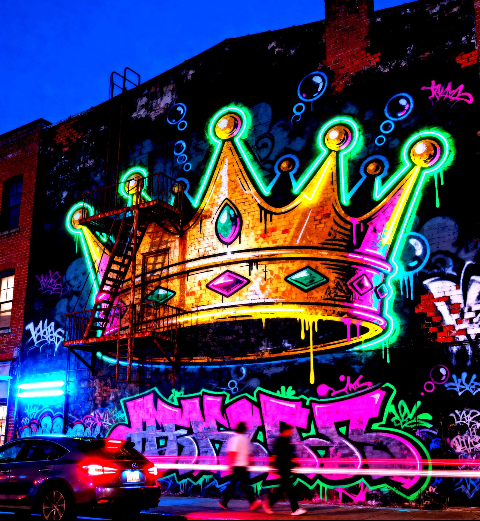 Graffiti Crown Mural on Urban Building at Night