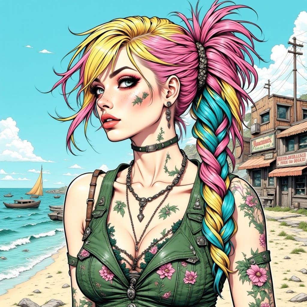 Vibrant Woman Enjoys Music on a Mystical Floating Island