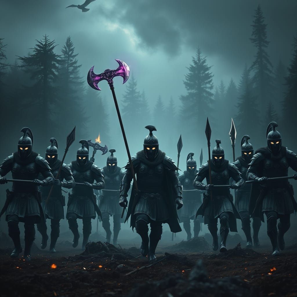 Legendary Warriors Emerge onto a Misty Battlefield in Dark F...