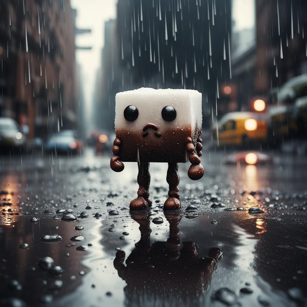 Sugar Cube Melts in Rainy Cityscape