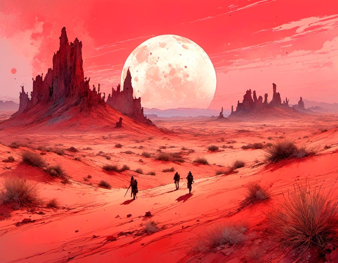 Polychromatic Red Desert Landscape with Moon