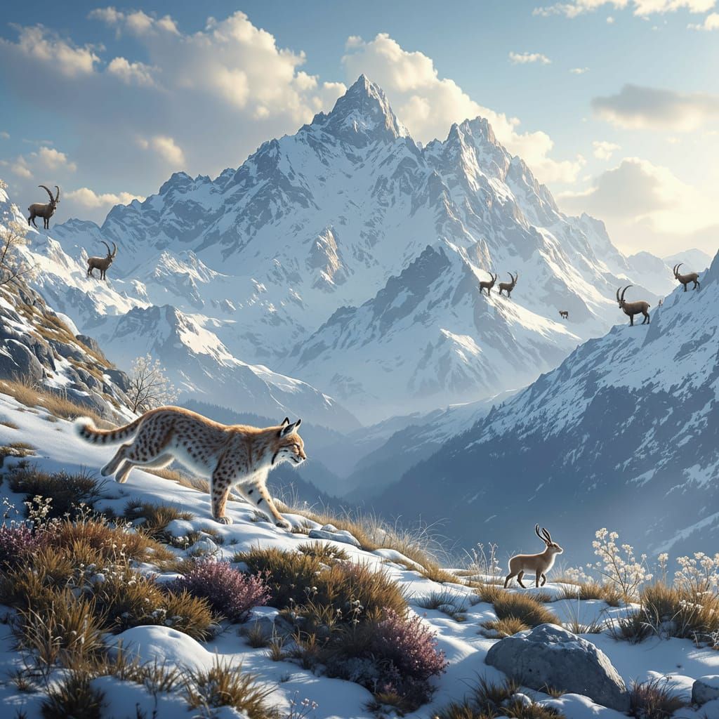 Lynx Hunts Hare in Swiss Alps Digital Matte Painting