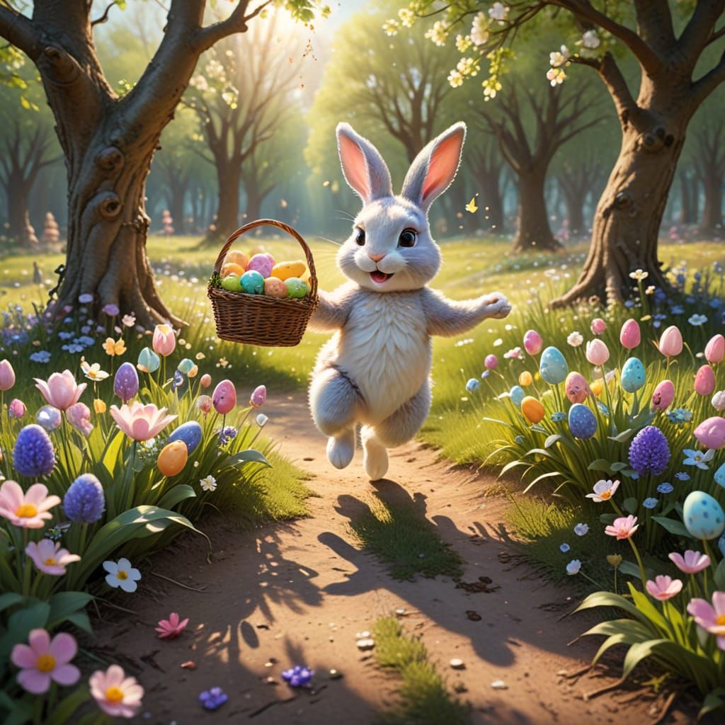 Ein fröhlicher Osterhase hüpft durch den blühenden Frühlings...