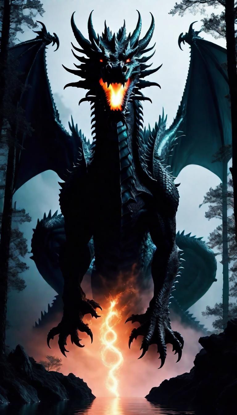 Black Dragon God Silhouette in Foggy Forest