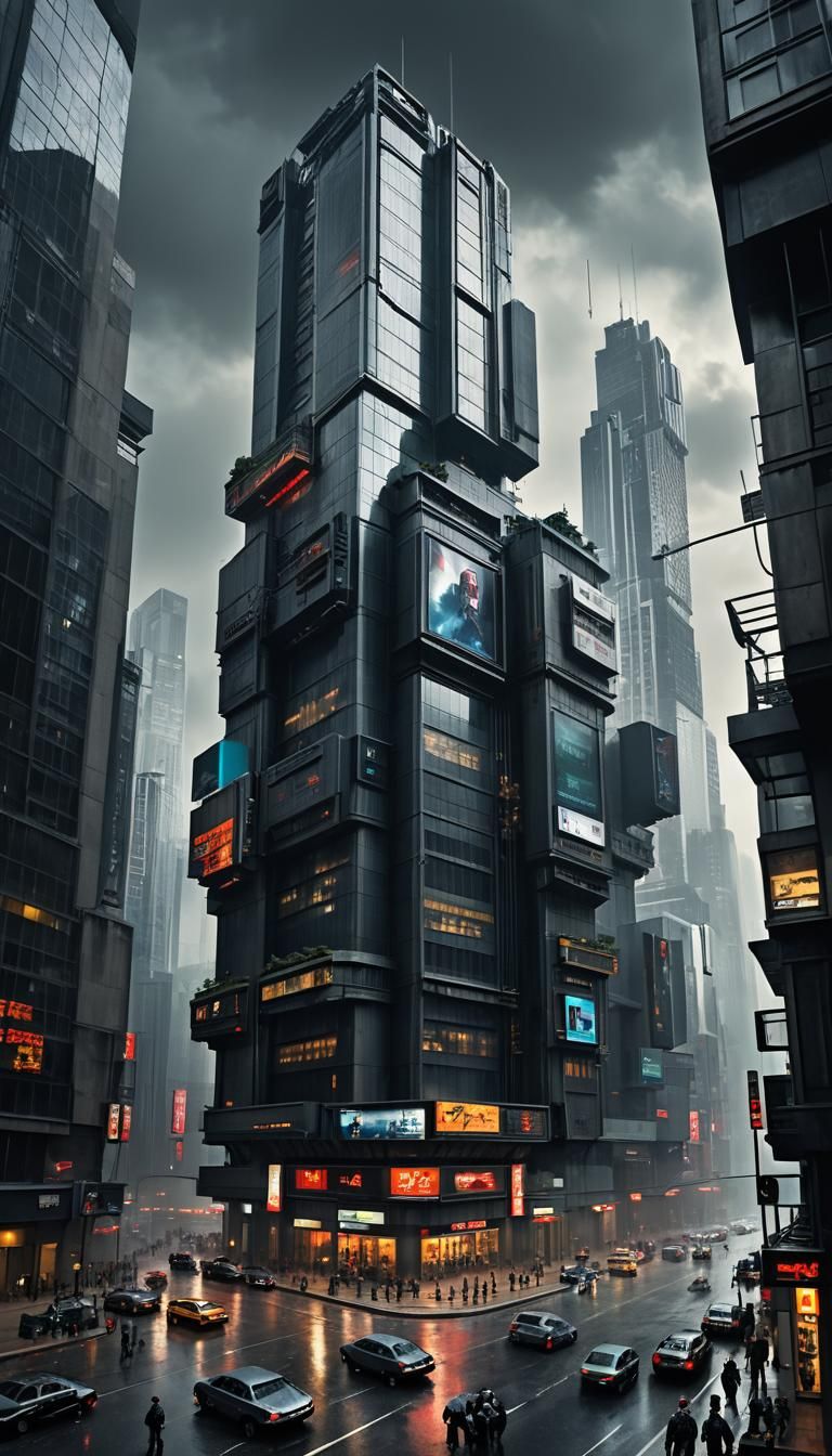 Dystopian Cyberpunk Corporate Tower in Grayscale