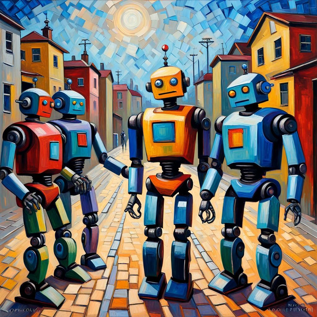 Robots Bound by Three Laws: Expressionist Oil Painting