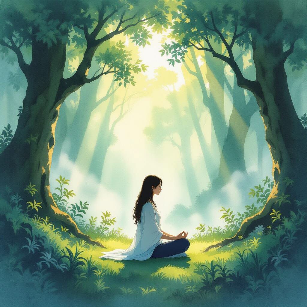 Woman Meditating in Ethereal Forest