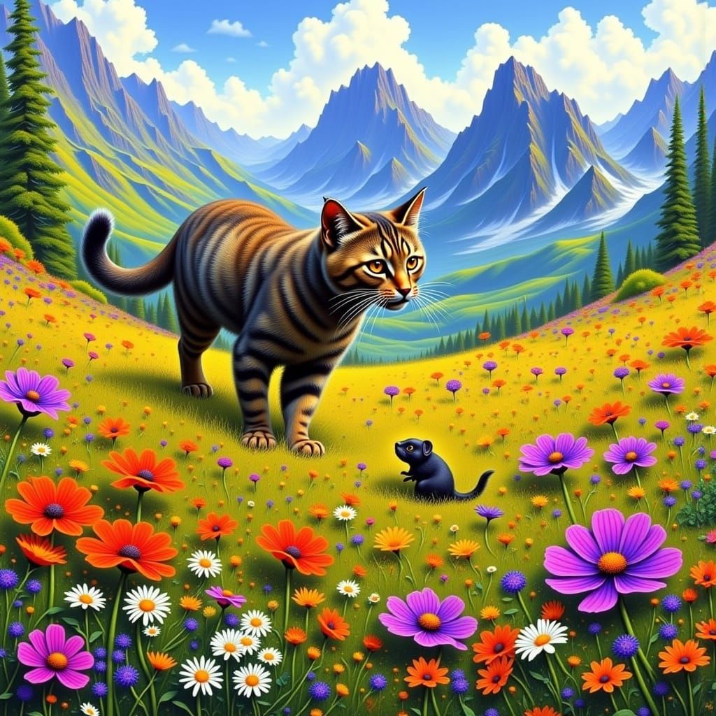 Feral Cat Chasing Mouse in Vibrant Mountain Meadow