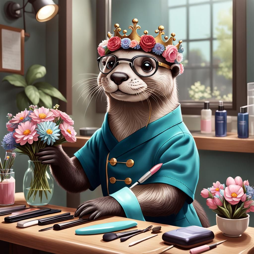 Anthropomorphic Otter Beautician with Flower Crown