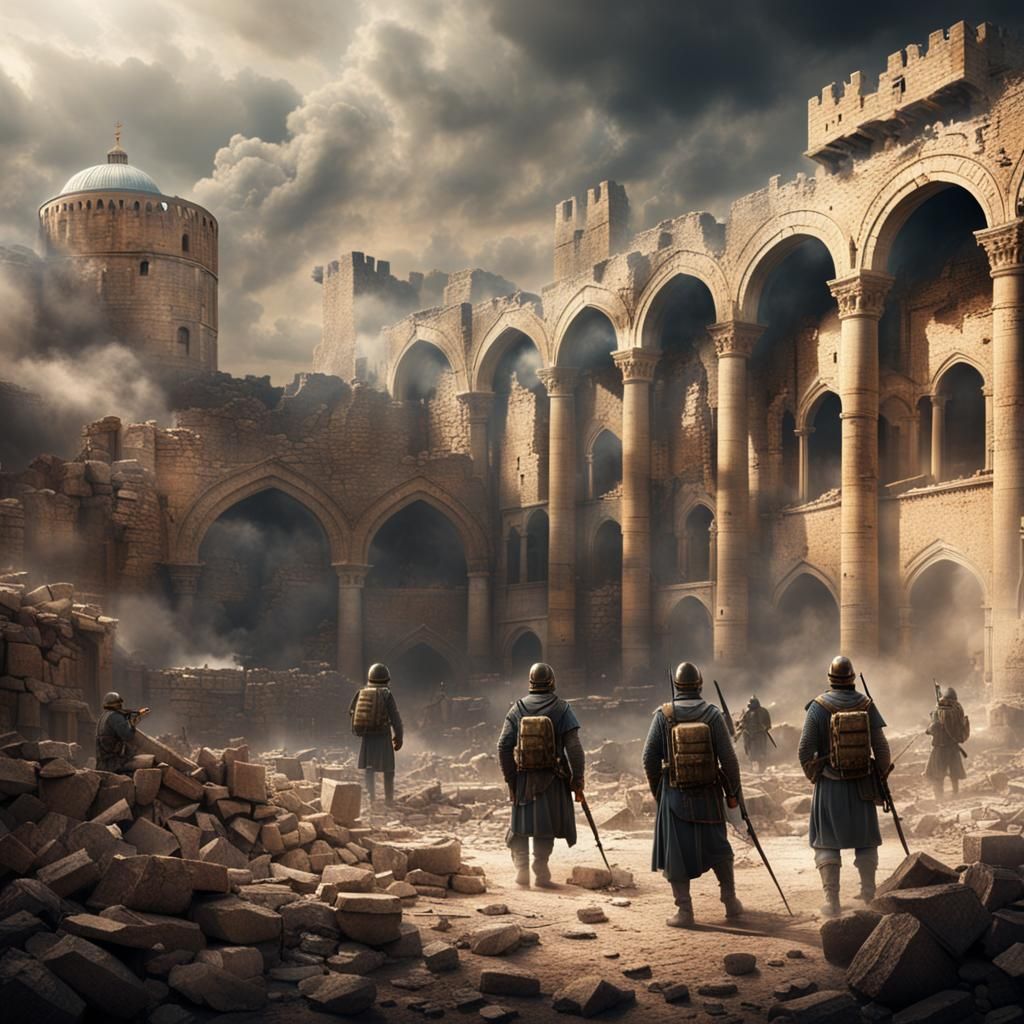 Smoking Ruins of Jerusalem with Roman Soldiers