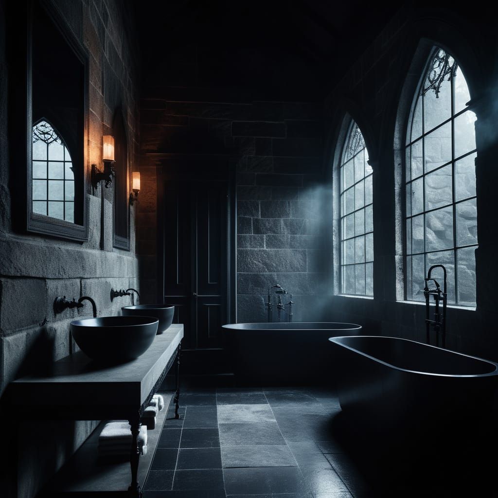Gothic Modern Bathroom with Dramatic Stone Walls