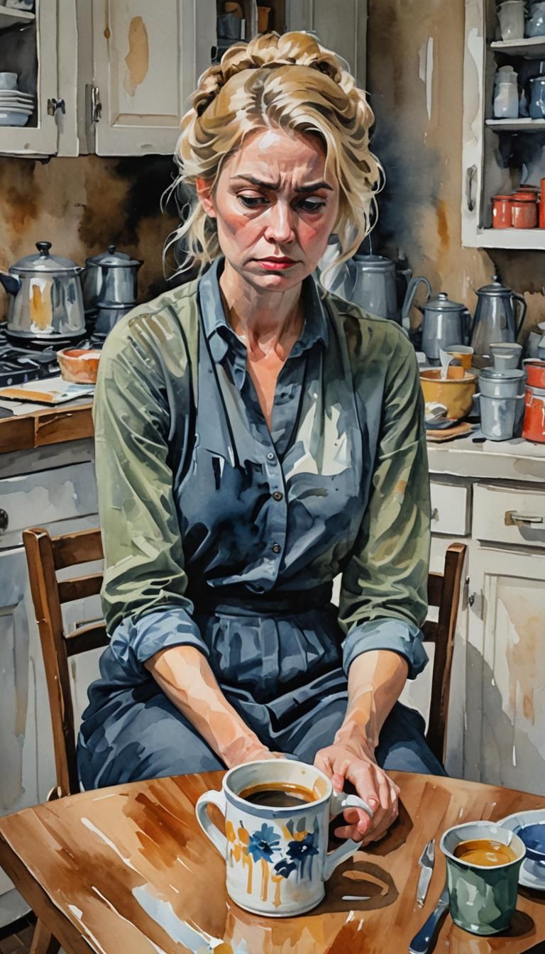 Sad Woman with Mug: Gouache Impressionist Masterpiece