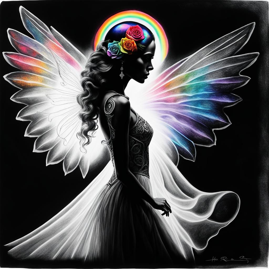 Surreal Crayon Drawing: Goth Woman in Alien Landscape